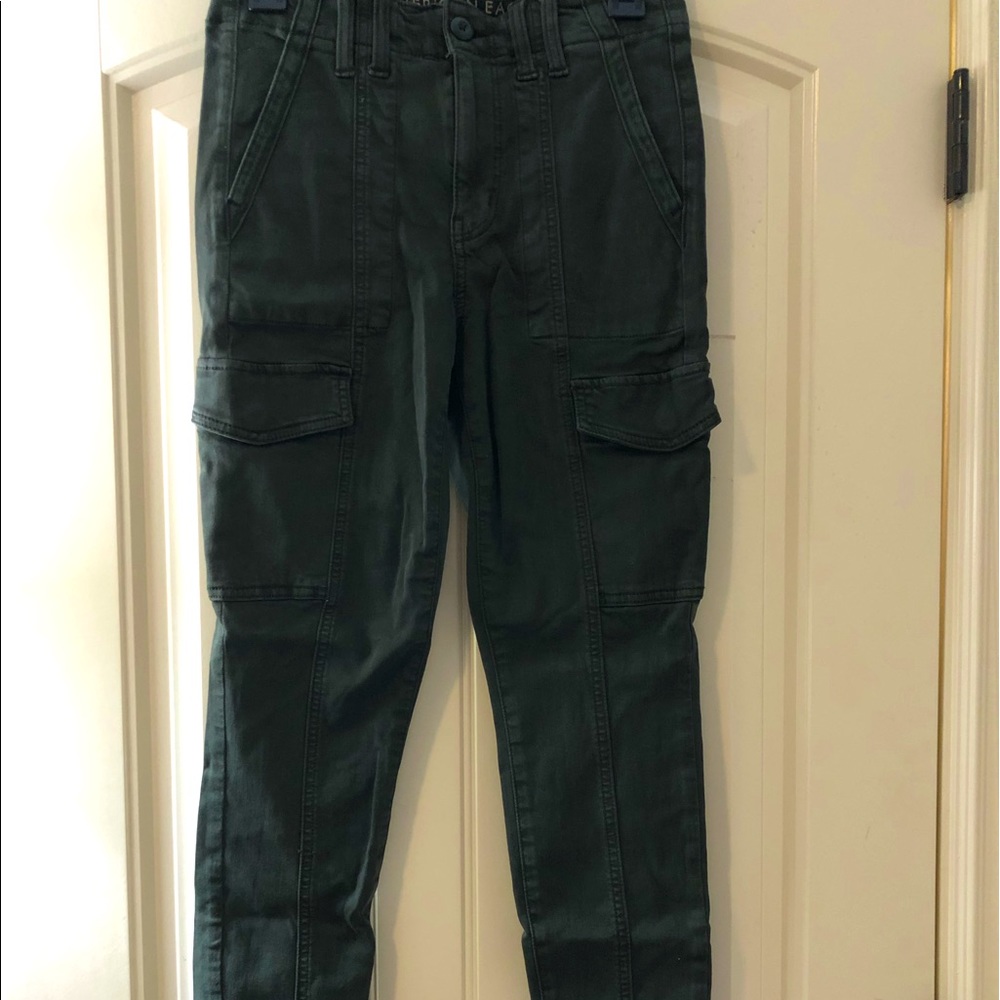 American Eagle Army green stretchy high waisted jeans.